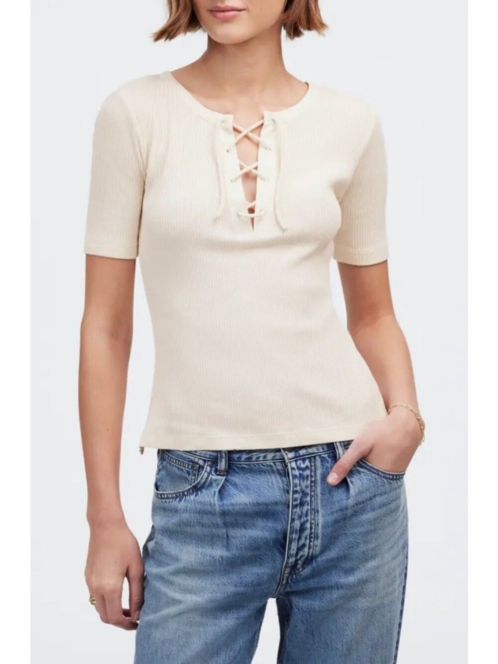 NWT Madewell Cream Rib Lace-Up Short Sleeve T-Shirt - Size: Small